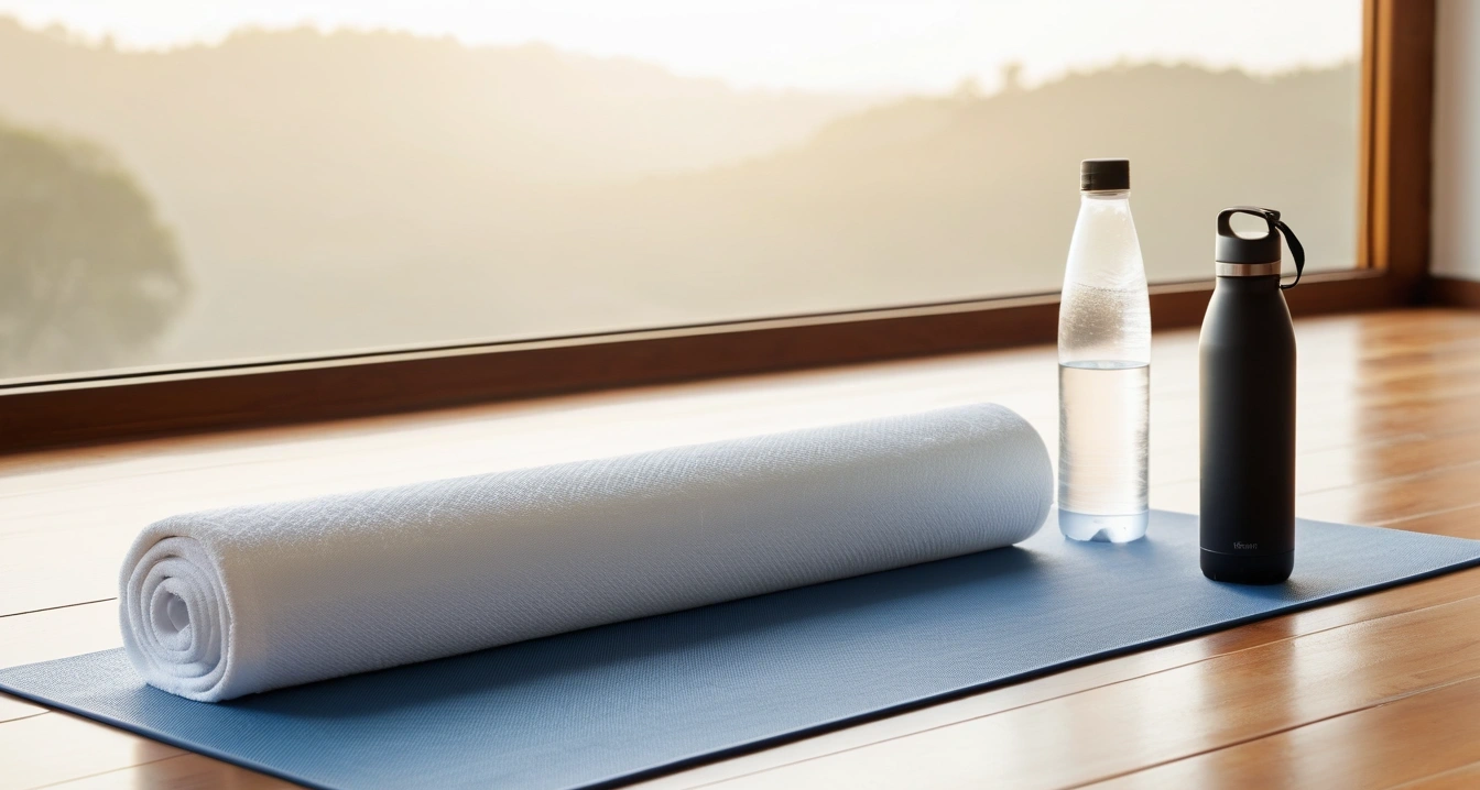 a clean minimal yoga mat rolled up with 1