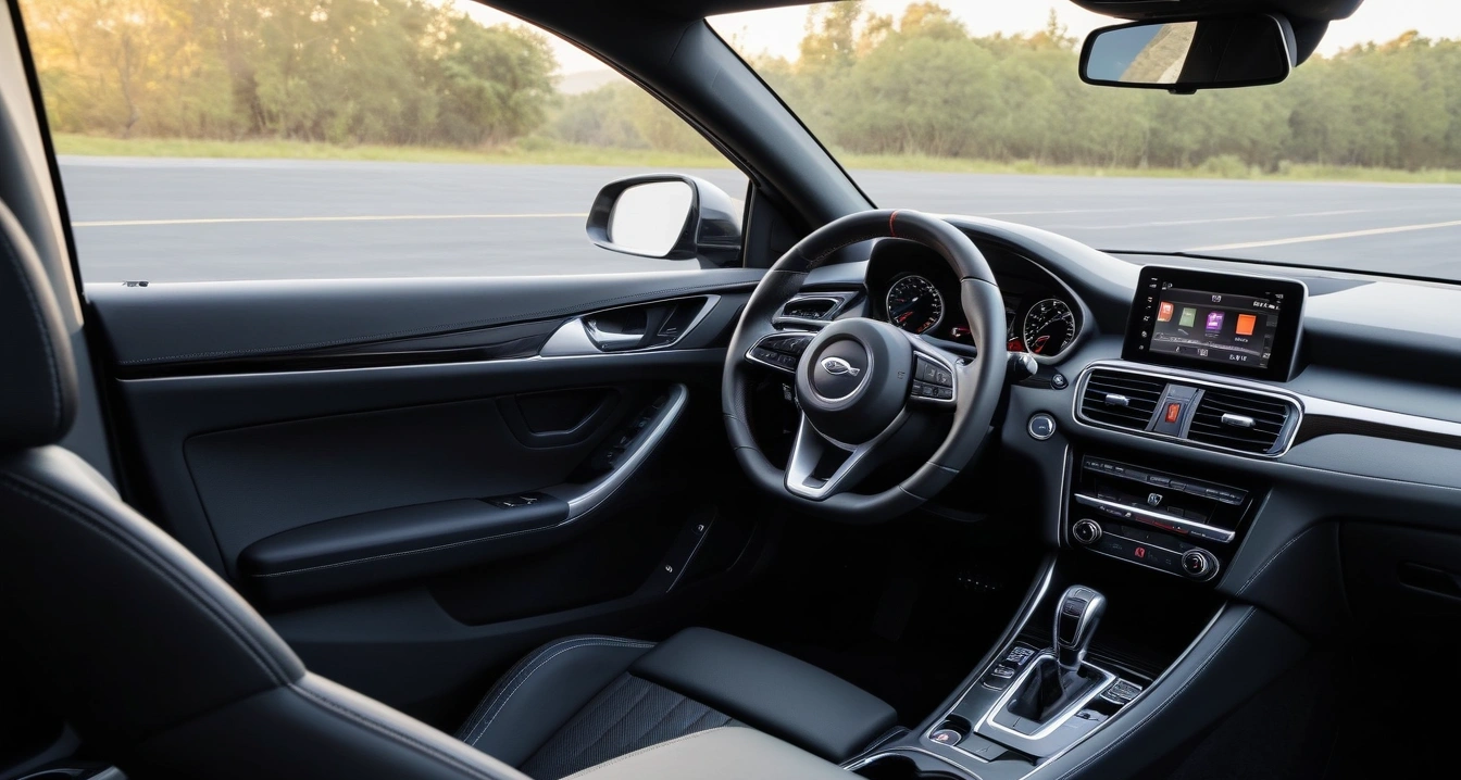 유리막 코팅<br>- 찬바람과 기온 저하를 고려한 유리막 코팅 시공법 (a clean modern car interior, premium leather steering wheel and dashboard, soft ambient lighting, no people)
