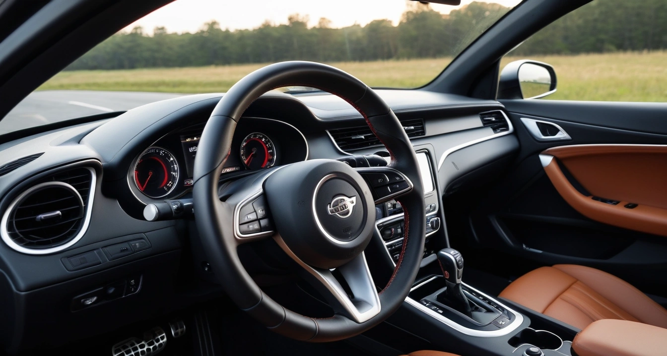 수입차<br>- 수입차 소모품 자가 교체 및 관리의 효율적 접근 (a clean modern car interior, premium leather steering wheel and dashboard, soft ambient lighting, no people)