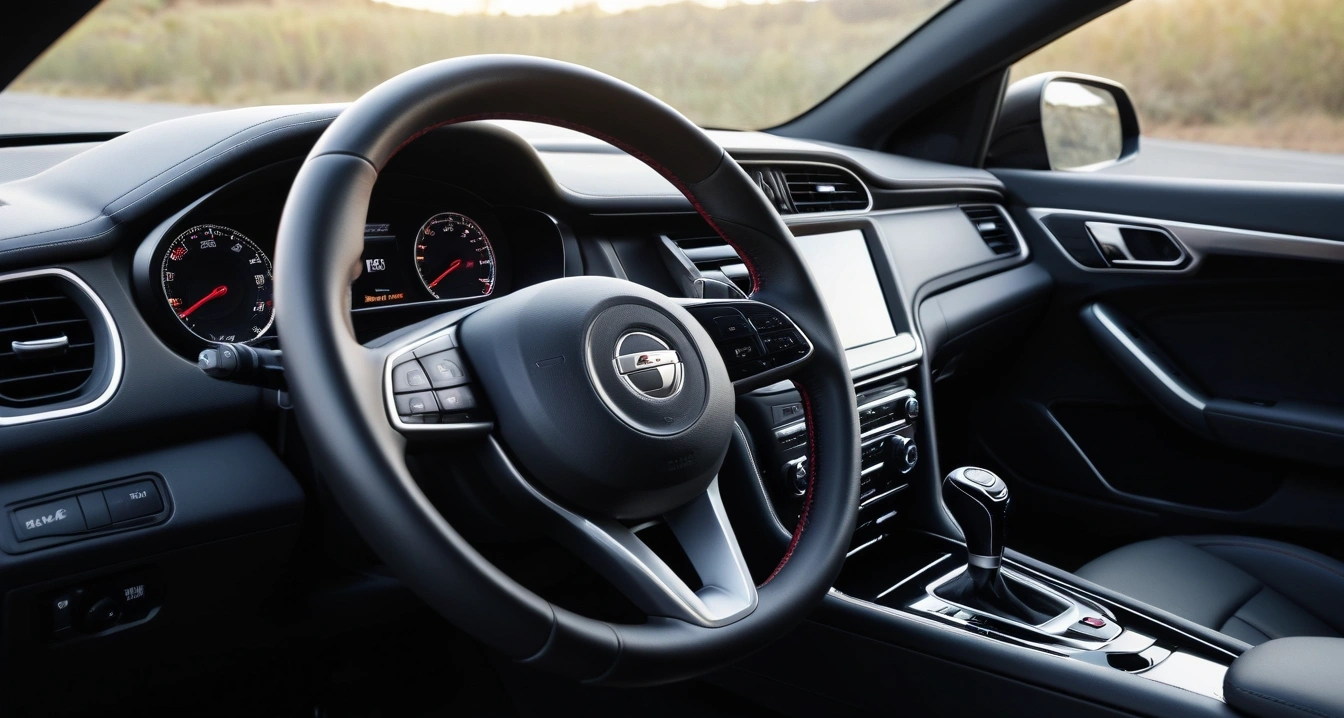 엔진오일<br>- 글로벌 제조사별 엔진오일 교환 주기와 차량 내구도 관리 (a clean modern car interior, premium leather steering wheel and dashboard, soft ambient lighting, no people)