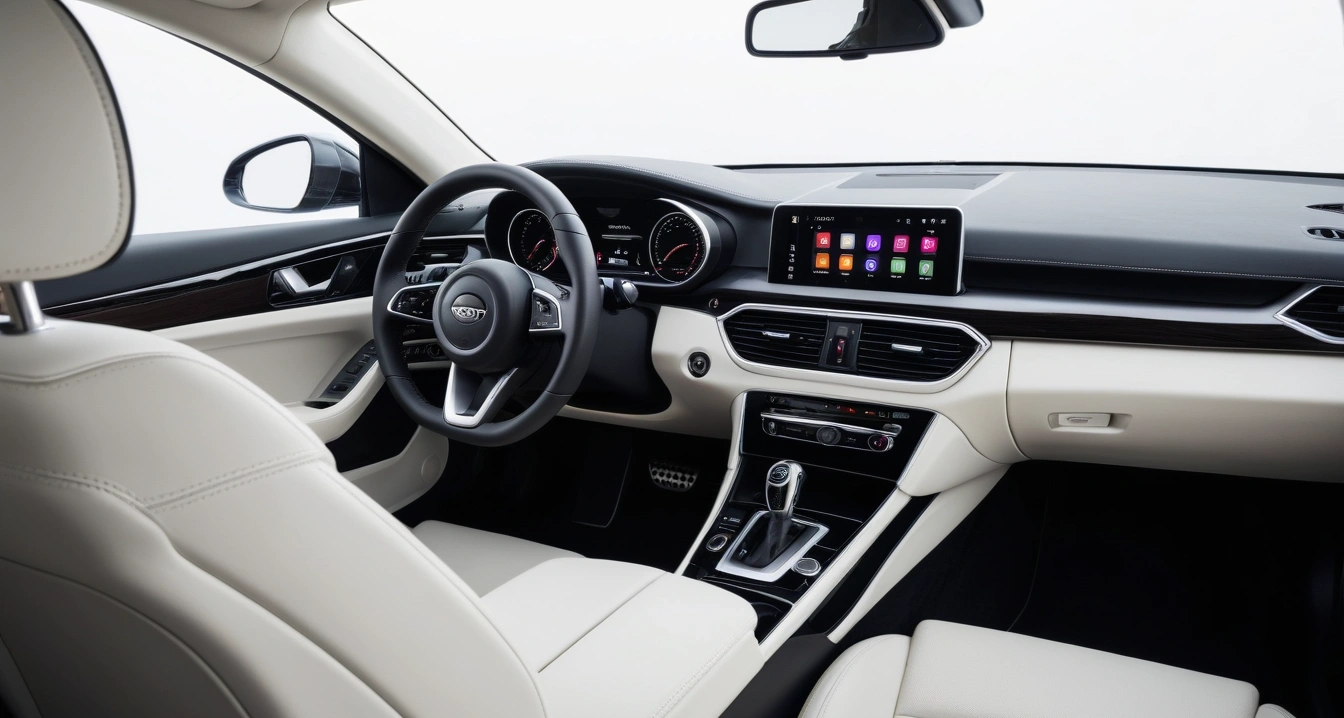 전기차<br>- 전기차 타이어 공기압과 적재 무게가 배터리 소모에 미치는 영향 (a clean modern car interior, premium leather steering wheel and dashboard, soft ambient lighting, no people)