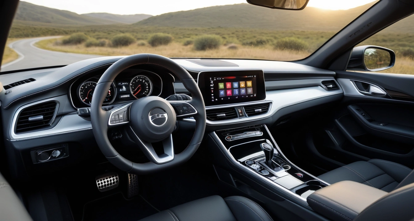 전기차 배터리<br>- 배터리 성능 유지를 위한 프리컨디셔닝 및 온도 제어 (a clean modern car interior, premium leather steering wheel and dashboard, soft ambient lighting, no people)
