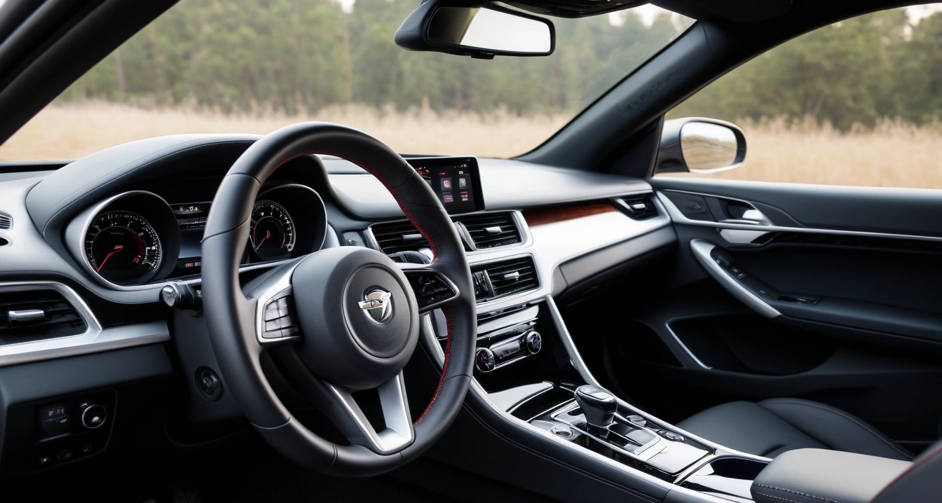 중고차<br>- 중고차 매매 계약 시 취등록세 및 부대비용 정산 (a clean modern car interior, premium leather steering wheel and dashboard, soft ambient lighting, no people)