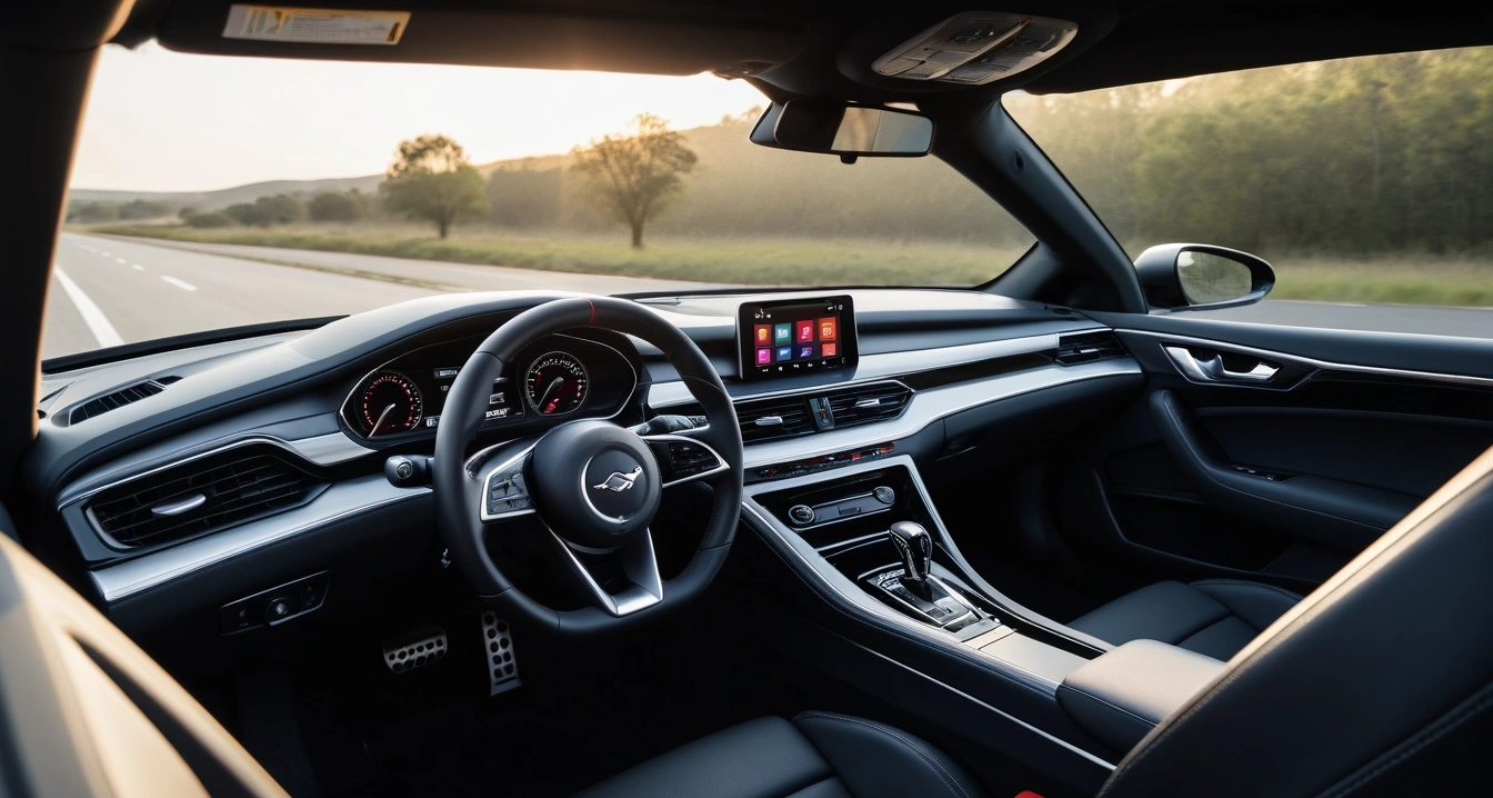 중고차<br>- 허위 매물 및 비정상적 저가 차량의 함정 파악 (a clean modern car interior, premium leather steering wheel and dashboard, soft ambient lighting, no people)
