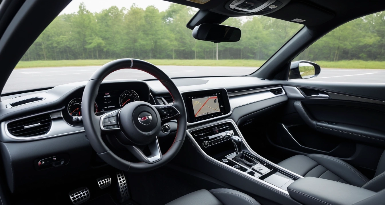자동차 경고등<br>- 현대적 자동차 관리와 디지털 툴을 활용한 원격 점검 서비스 (a clean modern car interior, premium leather steering wheel and dashboard, soft ambient lighting, no people)