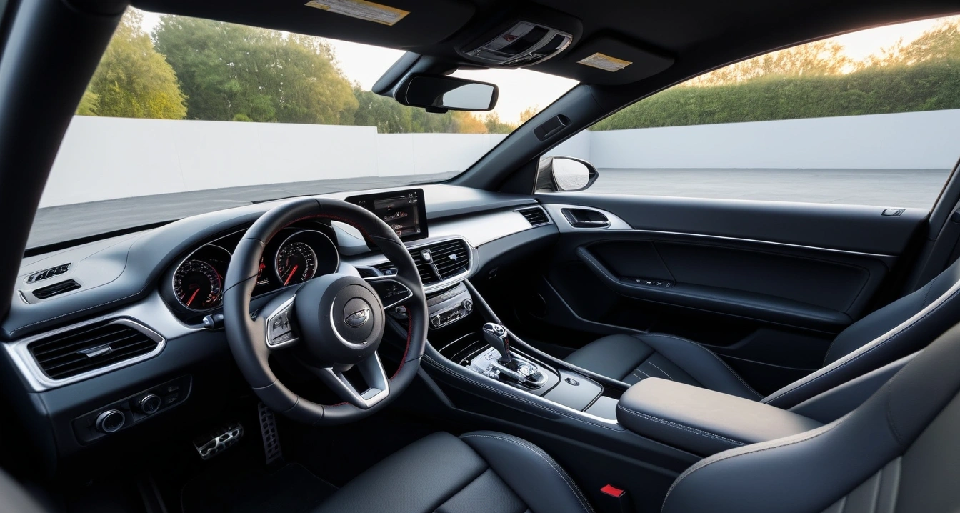 엔진오일<br>- 환절기 대비 스마트한 수입차 소모품 관리 및 예약 팁 (a clean modern car interior, premium leather steering wheel and dashboard, soft ambient lighting, no people)