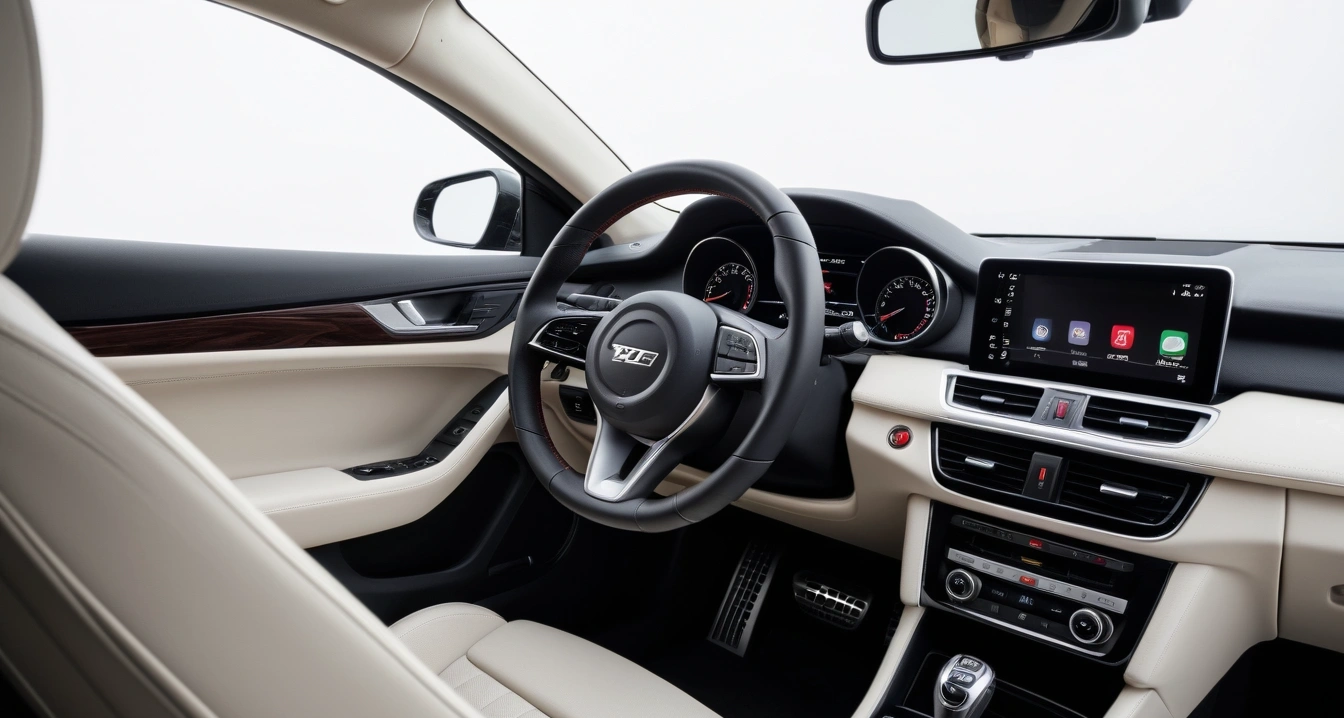 차량 관리<br>- 자기 주도적 차량 유지보수를 위한 정기 점검 체크리스트 활용 (a clean modern car interior, premium leather steering wheel and dashboard, soft ambient lighting, no people)