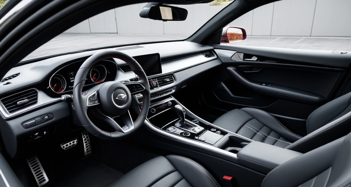 자동차 경고등<br>- 정비소 방문 전 주의해야 할 자동차 전자 제어 시스템의 함정 (a clean modern car interior, premium leather steering wheel and dashboard, soft ambient lighting, no people)