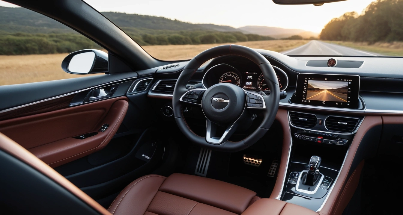 애플 카플레이<br>- 자가 점검을 통한 불필요한 수리비 절감 (a clean modern car interior, premium leather steering wheel and dashboard, soft ambient lighting, no people)