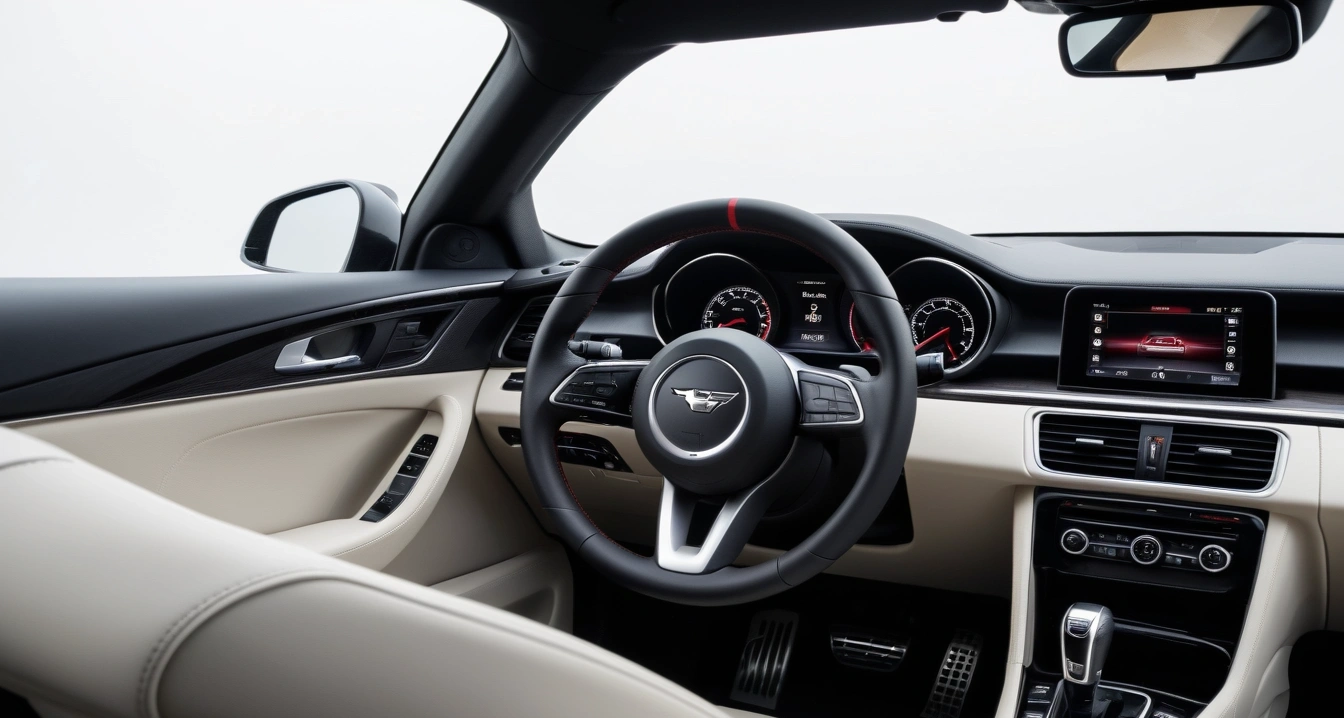 신차 할부 리스<br>- 신차 견적 비교 플랫폼을 통한 승인 확률 높은 금융사 매칭 (a clean modern car interior, premium leather steering wheel and dashboard, soft ambient lighting, no people)