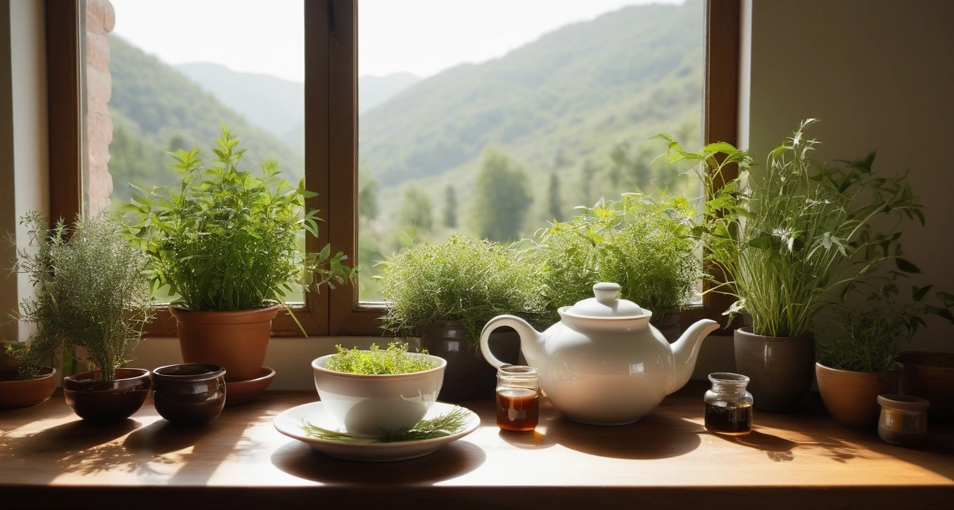 신차<br>- 차량 인도 전후 필수 점검 및 사기 피해 사전 관리 (a pristine bright herbal medicine preparation table, aesthetic ceramic teapot, fresh green healing herbs, soft natural light, no people)