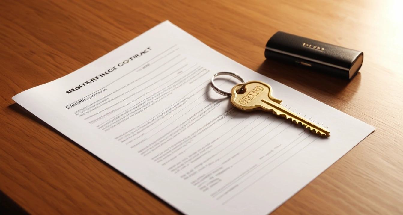 중고차 수출<br>- 폐차와 수출의 비용 편익 분석 및 기대 수익 차이 (a shiny house key resting on a detailed real estate contract, elegant wooden table, soft morning sunlight, no people)
