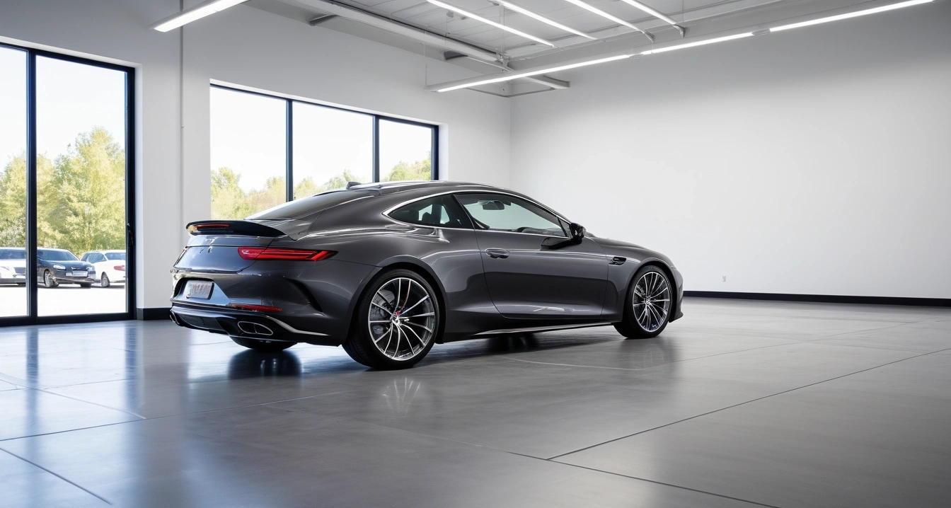 초보 운전<br>- 차량용 인포테인먼트 연동과 정보 과부하 위험 (a sleek modern luxury car parked in a bright clean showroom, premium design, polished floor, no people)