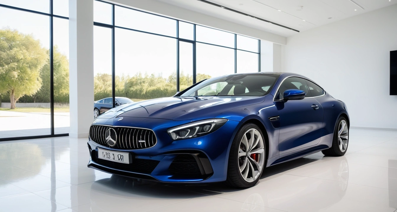 신차 할부 리스<br>- 제휴 금융사와 다이렉트 할부 상품을 활용한 차량 확보 루트 (a sleek modern luxury car parked in a bright clean showroom, premium design, polished floor, no people)