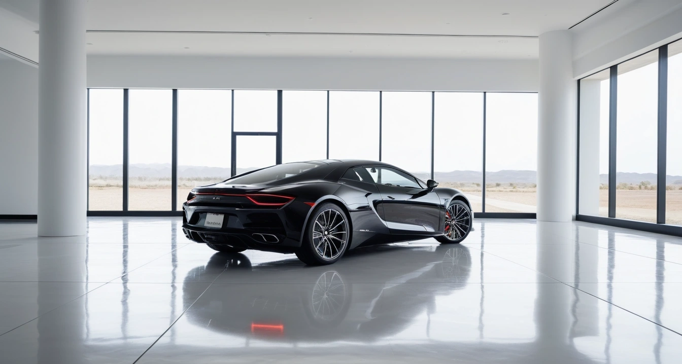 자동차 경고등<br>- 도로 위 돌발 상황 발생 시 자동차 대처법 및 비상 매뉴얼 (a sleek modern luxury car parked in a bright clean showroom, premium design, polished floor, no people)