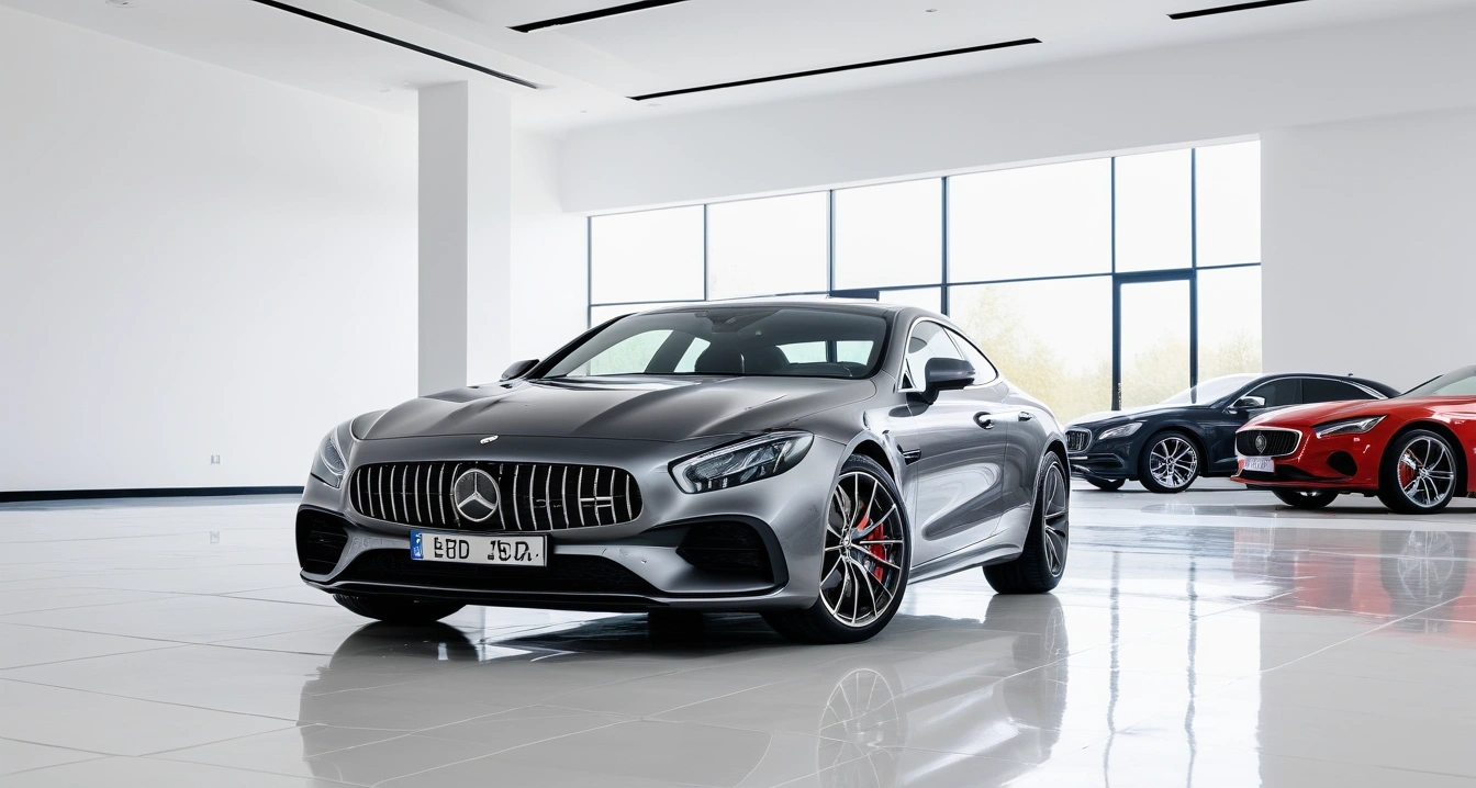 안드로이드 오토<br>- 자동차 소프트웨어 및 스마트폰 통신 모듈의 부하 심화 문제 (a sleek modern luxury car parked in a bright clean showroom, premium design, polished floor, no people)