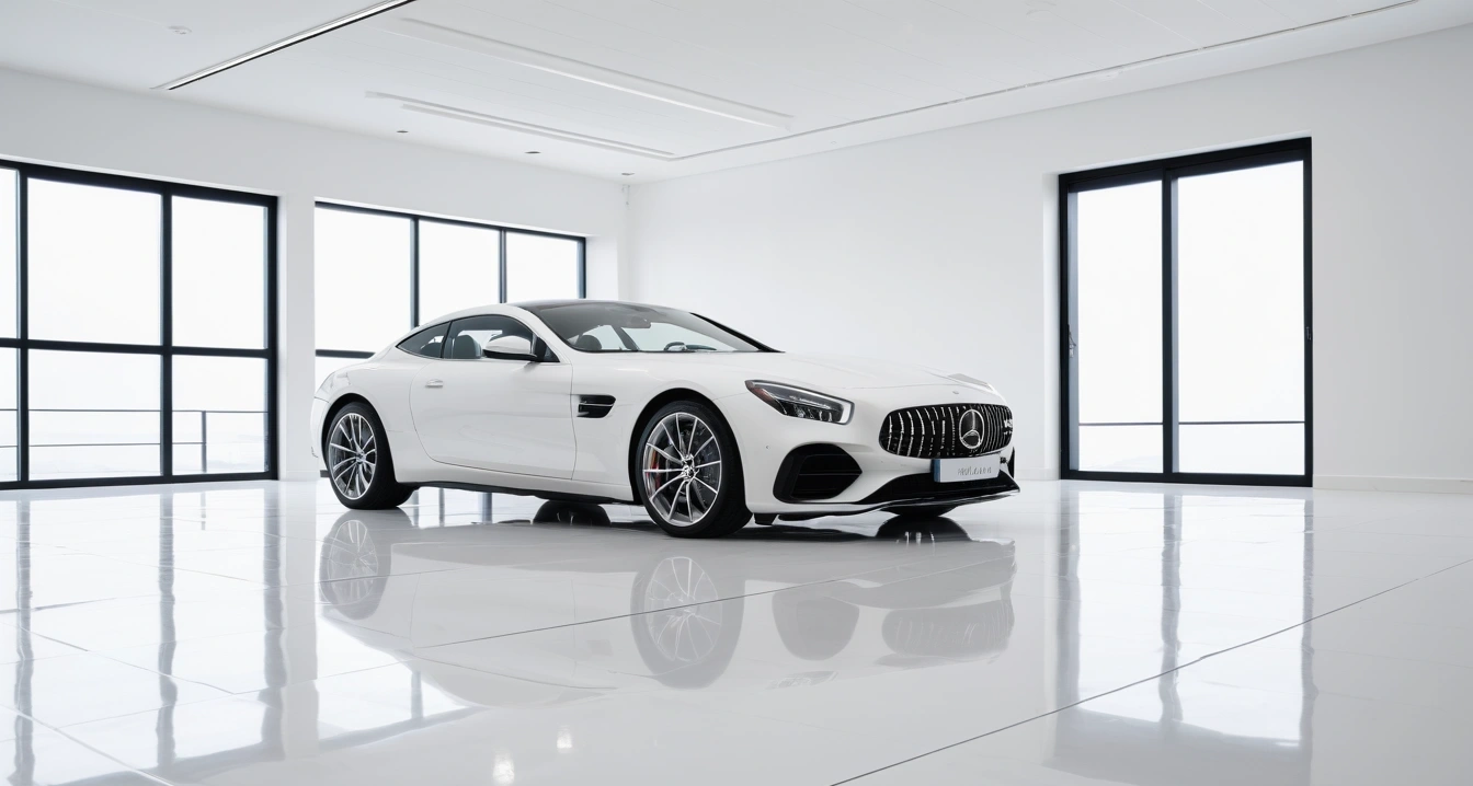 교통사고<br>- 자동차 보험사 긴급 출동 서비스 호출 및 대기 중 에너지 절약법 (a sleek modern luxury car parked in a bright clean showroom, premium design, polished floor, no people)