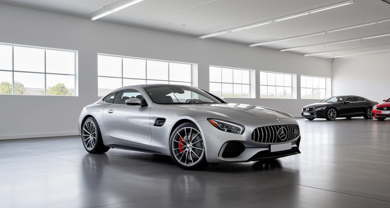 외제차<br>- 차량 주요 부품의 내구성과 치명적 고장 방지를 위한 사전 관리 정비 (a sleek modern luxury car parked in a bright clean showroom, premium design, polished floor, no people)