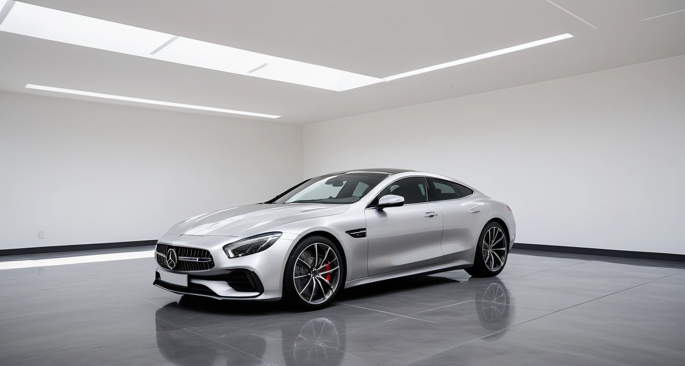 타이어<br>- 내 운전 패턴에 딱 맞는 프리미엄 타이어 선택과 스마트 예약 전략 (a sleek modern luxury car parked in a bright clean showroom, premium design, polished floor, no people)