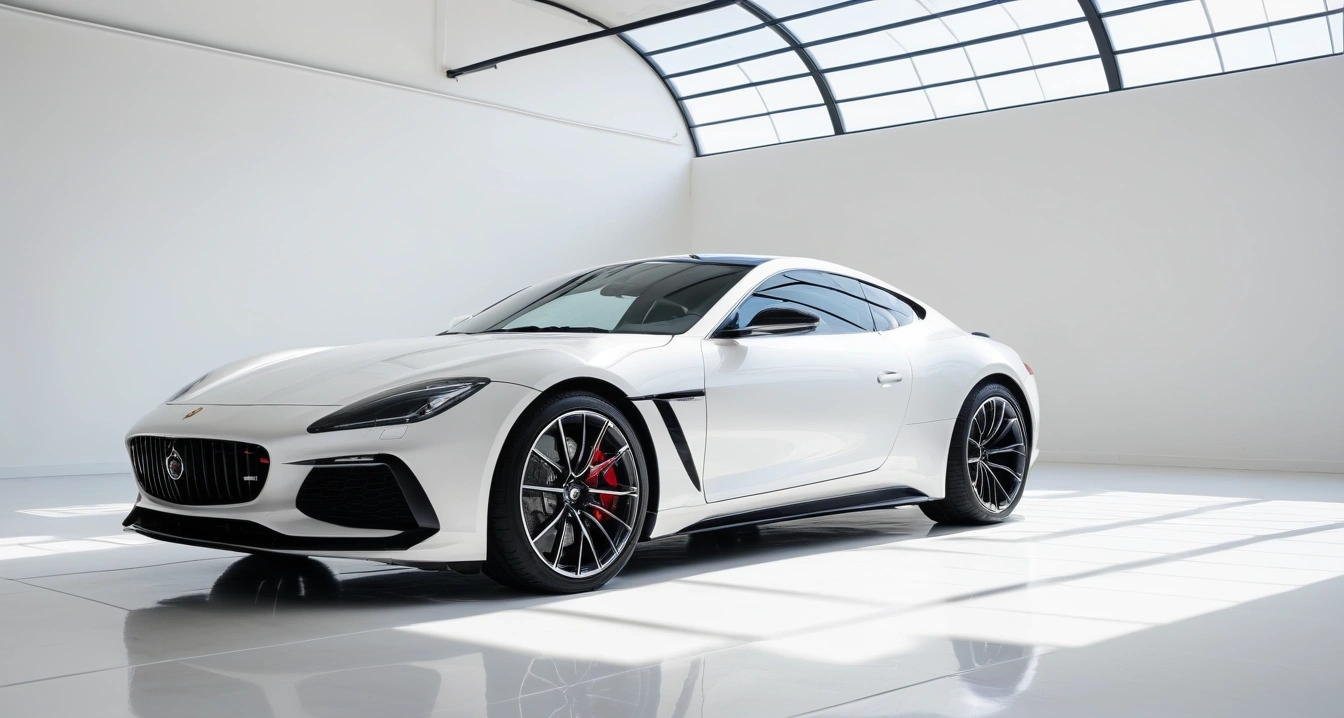 엔진오일<br>- 소모품 주기 놓치면 호갱이 되는 정비소 대응법 (a sleek modern luxury car parked in a bright clean showroom, premium design, polished floor, no people)