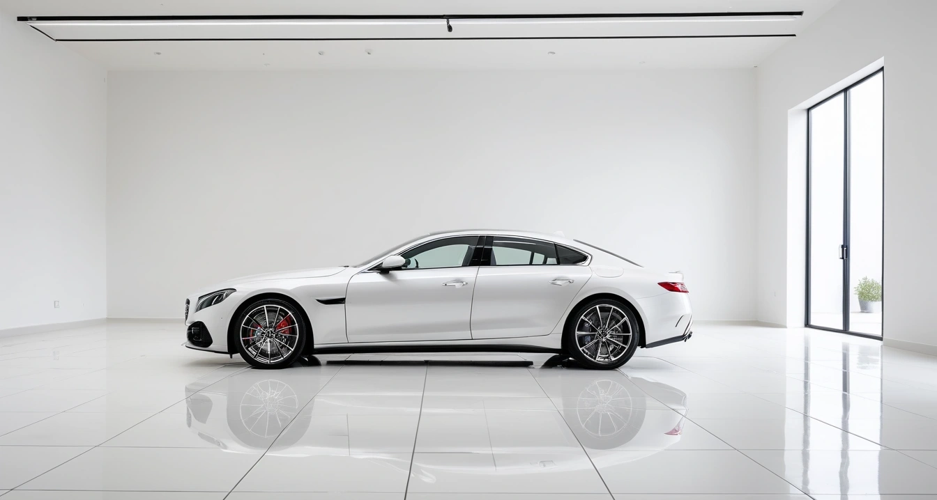 타이어<br>- 제휴카드와 멤버십을 활용한 타이어 교체 비용 절감 솔루션 (a sleek modern luxury car parked in a bright clean showroom, premium design, polished floor, no people)