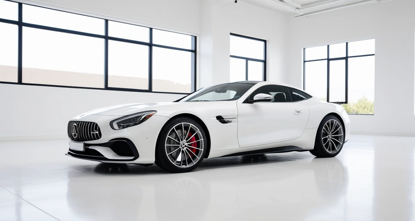 자동차 경고등<br>- 정기적인 자동차 차량 점검과 돌발 고장 사전 관리 습관 (a sleek modern luxury car parked in a bright clean showroom, premium design, polished floor, no people)