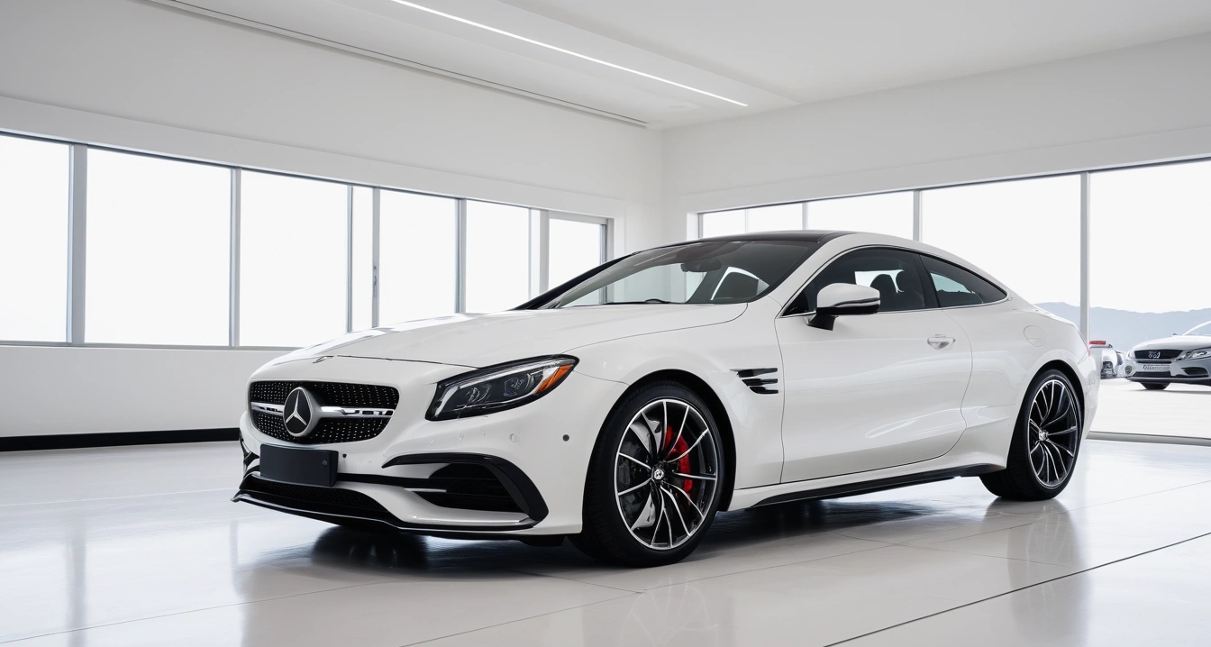 자동차 경고등<br>- 자동차 경고등 허위 점등 방지와 스마트폰 연동 진단 시스템 활용 (a sleek modern luxury car parked in a bright clean showroom, premium design, polished floor, no people)