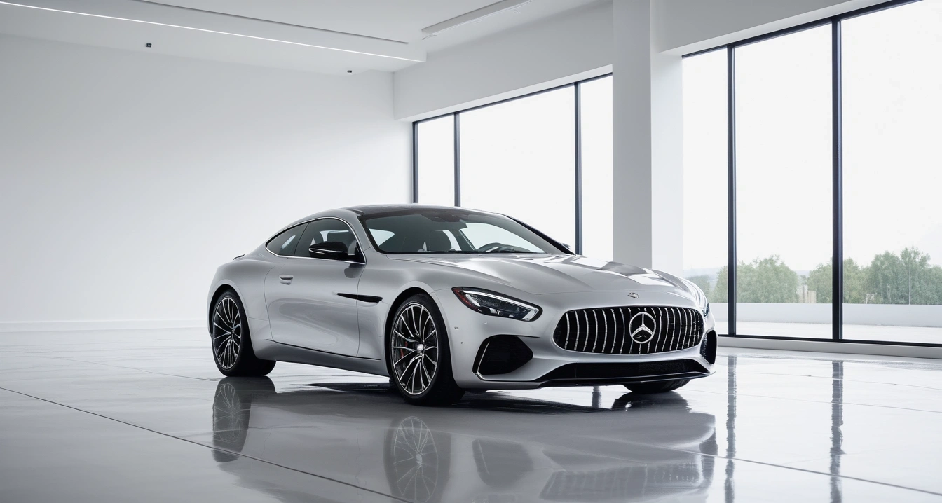 초보 운전<br>- 스마트폰 알림과 도로 위 치명적인 실수 (a sleek modern luxury car parked in a bright clean showroom, premium design, polished floor, no people)