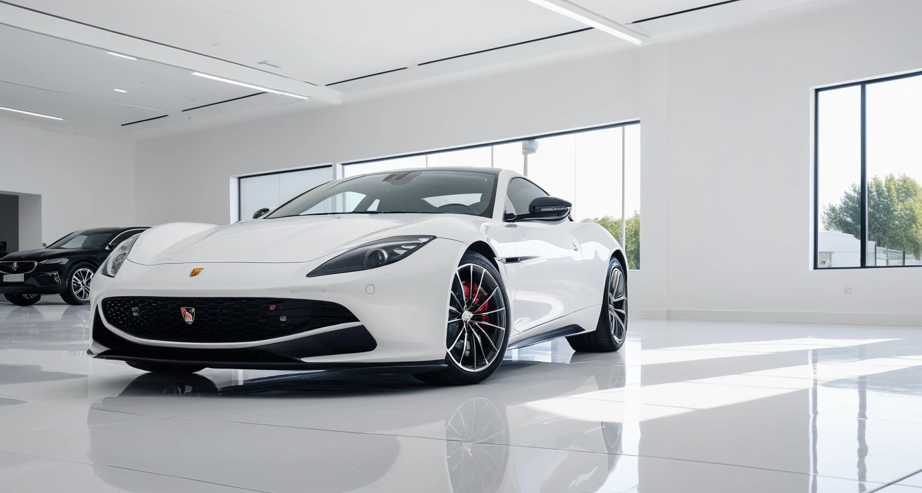 차량 관리<br>- 차량 유지보수 기록을 활용한 스마트한 계절별 사전 관리 정비 스케줄 (a sleek modern luxury car parked in a bright clean showroom, premium design, polished floor, no people)