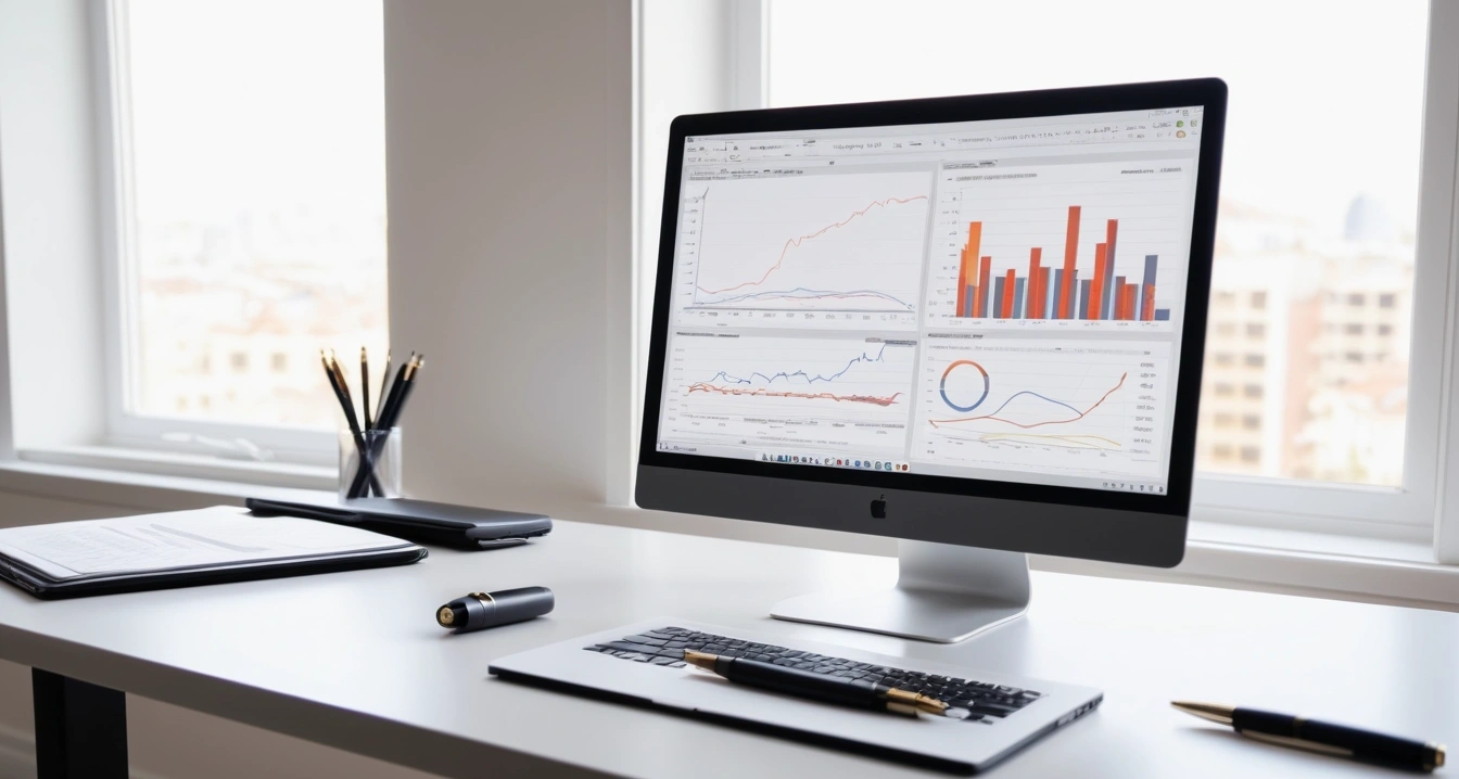 자동차 다이렉트 보험<br>- 호갱 방지를 위한 다이렉트 보험 비교견적 전략 (a sleek modern office desk, a glowing laptop screen displaying financial charts and graphs, premium fountain pen, no people)