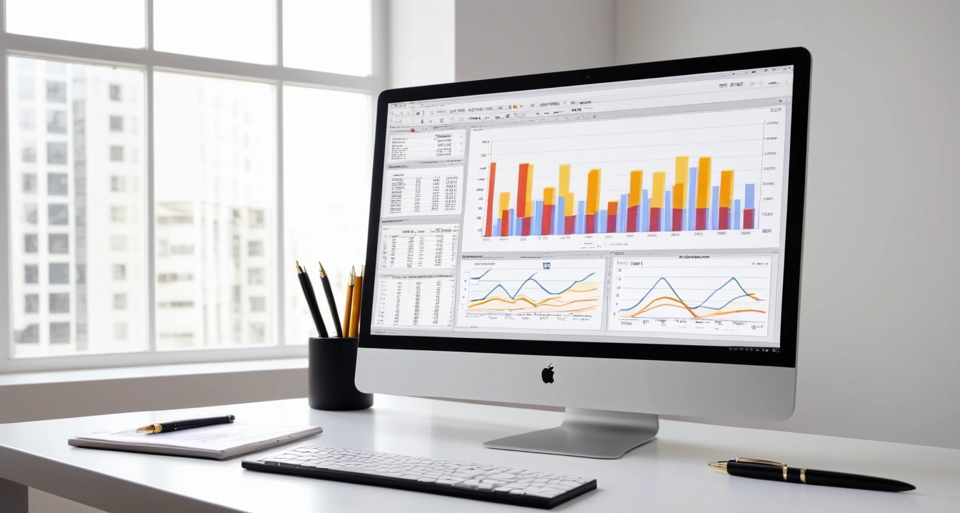 중고차 수출<br>- 차량 매각 시 불법 거래 및 무판 중고차 리스크 차단 전략 (a sleek modern office desk, a glowing laptop screen displaying financial charts and graphs, premium fountain pen, no people)