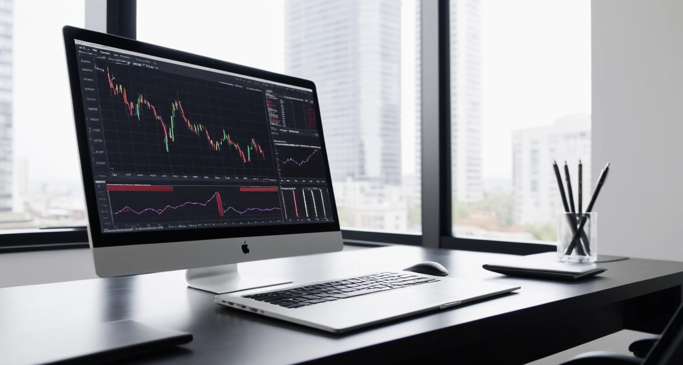 조기폐차지원금<br>- 예산 소진 대비 조기 폐차 접수 마감 주의사항 (a sleek modern office desk, a glowing laptop screen displaying financial charts and graphs, premium fountain pen, no people)