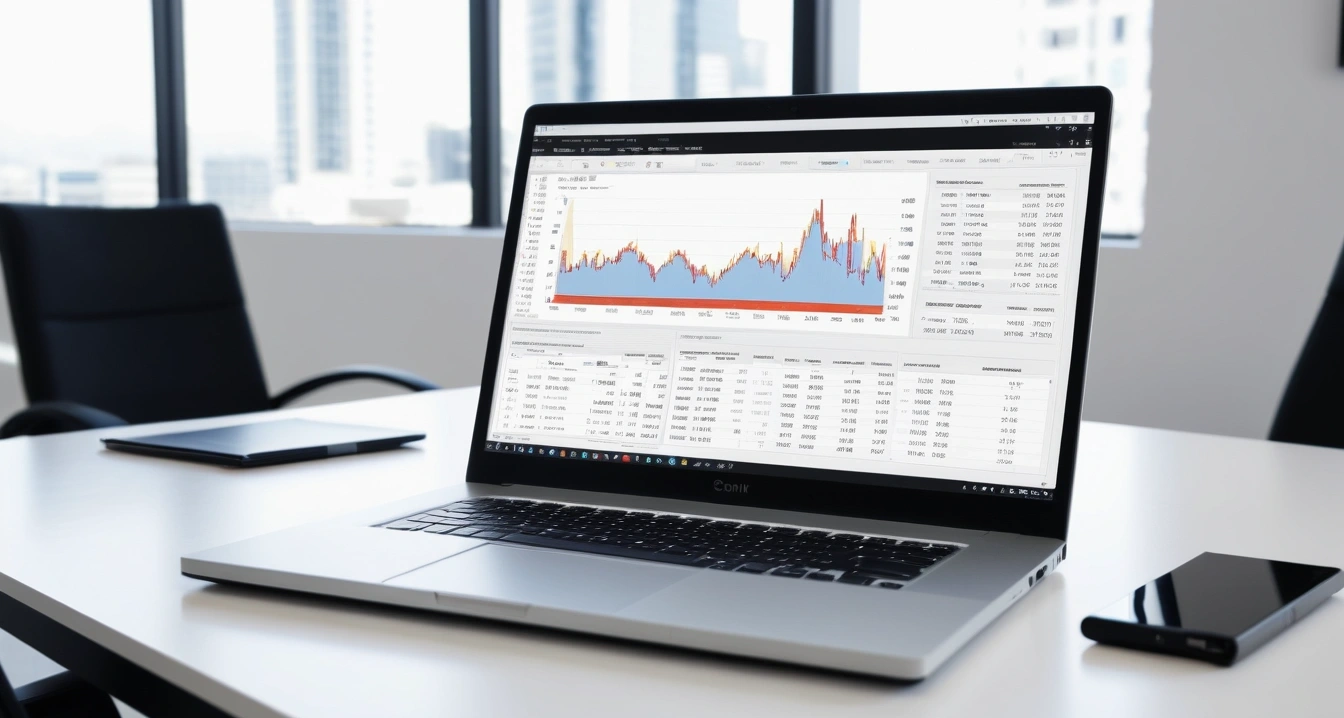 자동차 다이렉트 보험<br>- 신규 가입 및 갱신 시 놓치기 쉬운 결제 이벤트 (a sleek modern office desk, a glowing laptop screen displaying financial charts and graphs, premium fountain pen, no people)