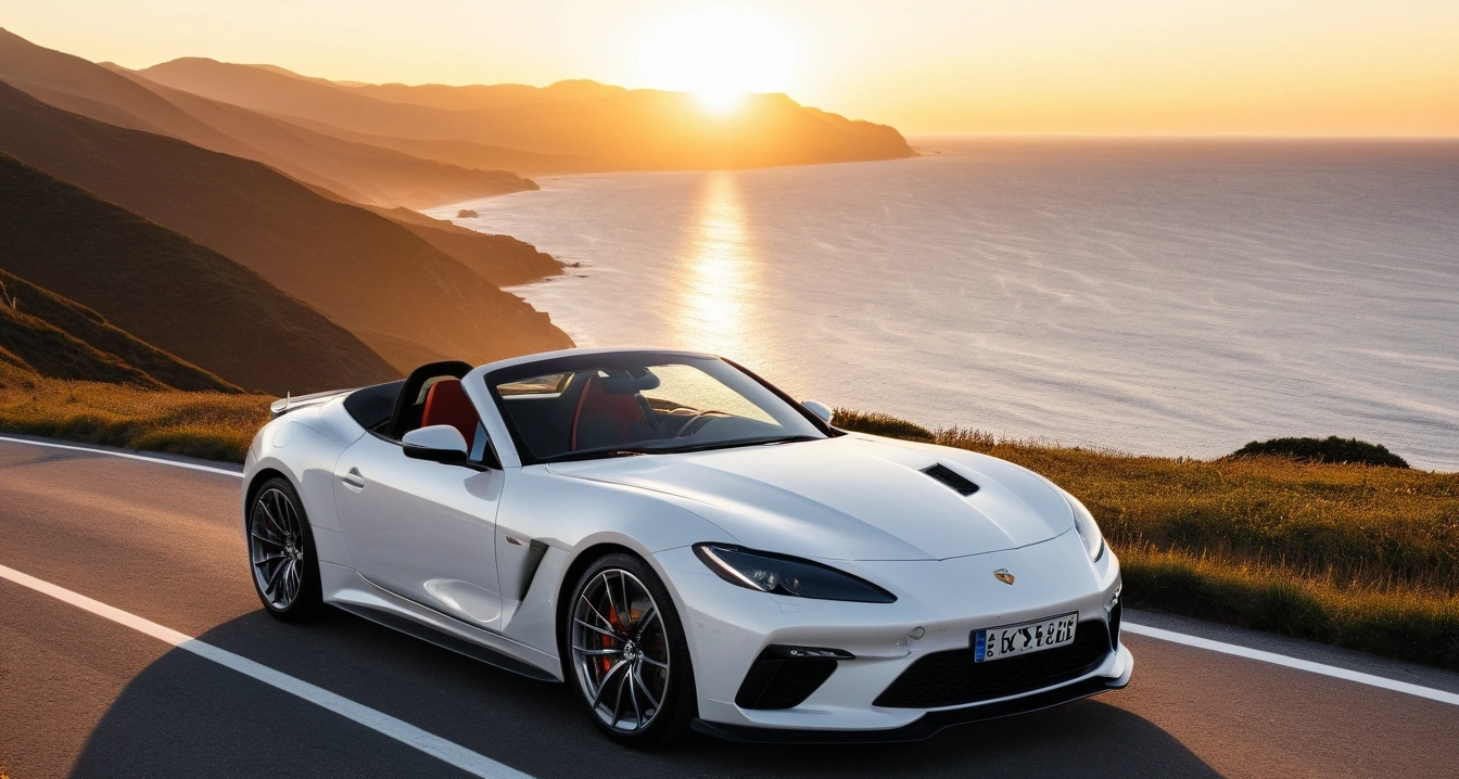 중고차<br>- 중고차 성능 상태 점검기록부의 진위 확인법 (a stylish sports car parked on a scenic coastal highway overlook at sunset, cinematic lighting, realistic, no people)