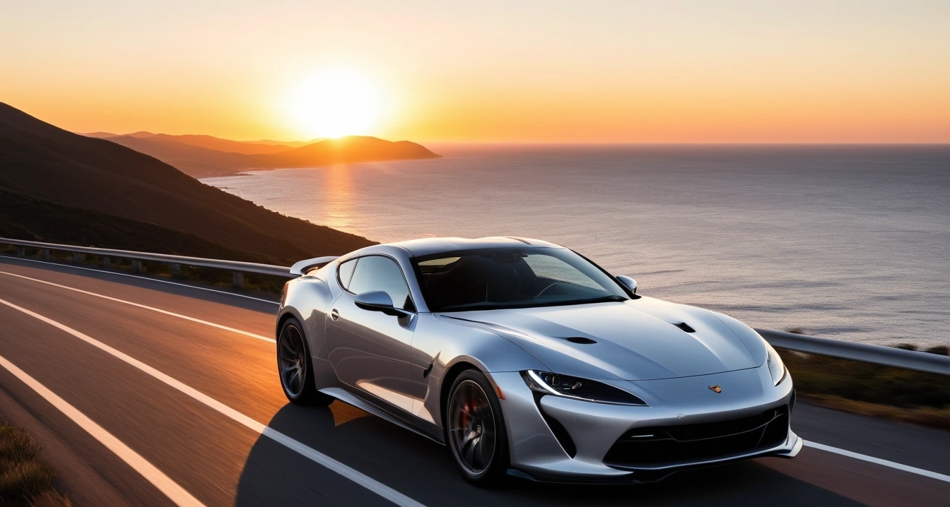 방어 운전<br>- 초보 운전자를 위한 도로 주행 시뮬레이션 활용법 (a stylish sports car parked on a scenic coastal highway overlook at sunset, cinematic lighting, realistic, no people)
