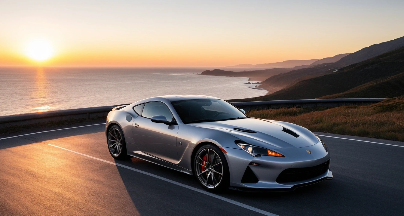 엔진오일<br>- 가을 환절기 온도 변화와 수입차 엔진오일의 상관관계 (a stylish sports car parked on a scenic coastal highway overlook at sunset, cinematic lighting, realistic, no people)