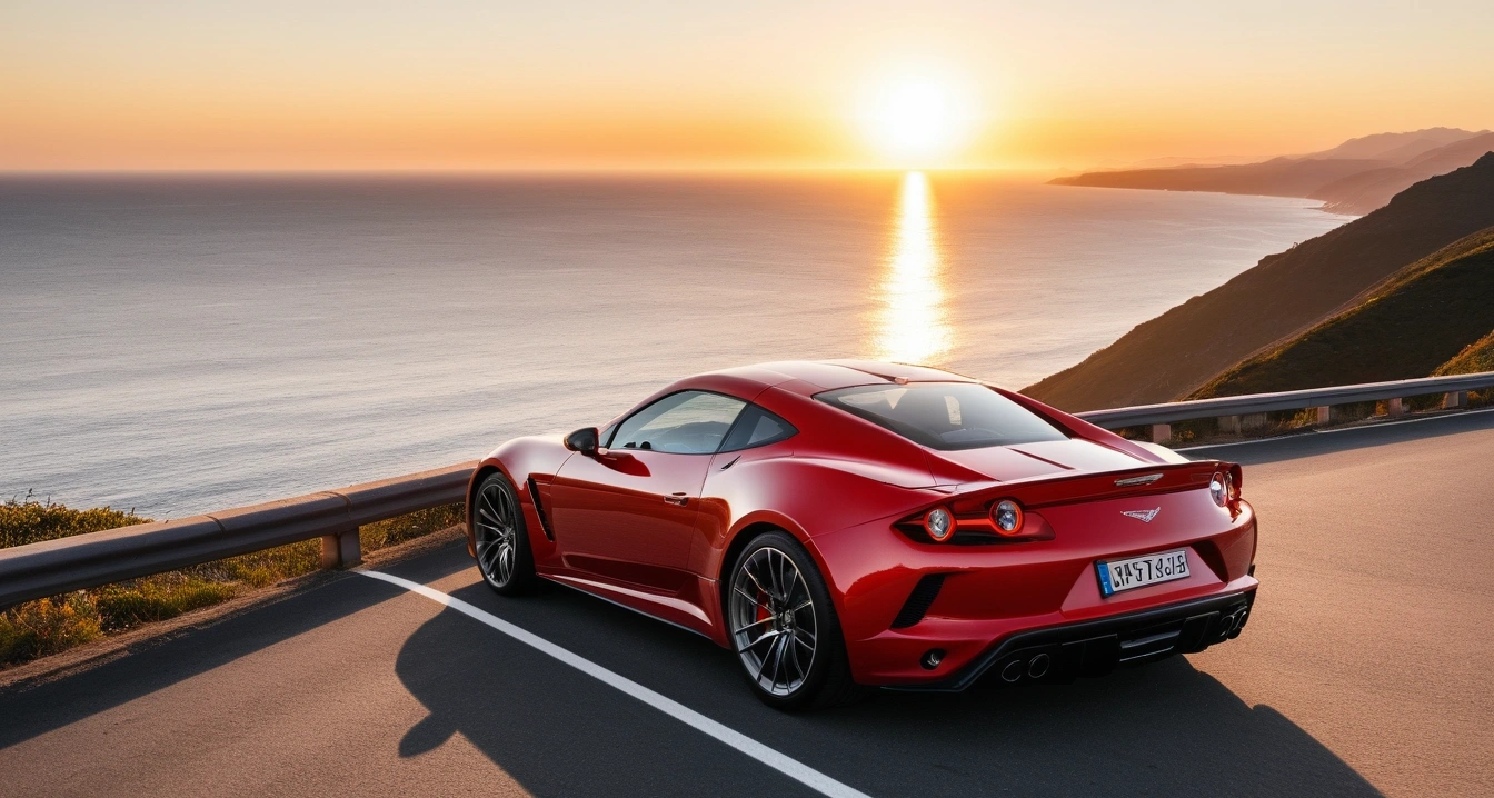 엔진오일<br>- 차량 엔진오일 규격과 오일 등급의 선택 기준 (a stylish sports car parked on a scenic coastal highway overlook at sunset, cinematic lighting, realistic, no people)