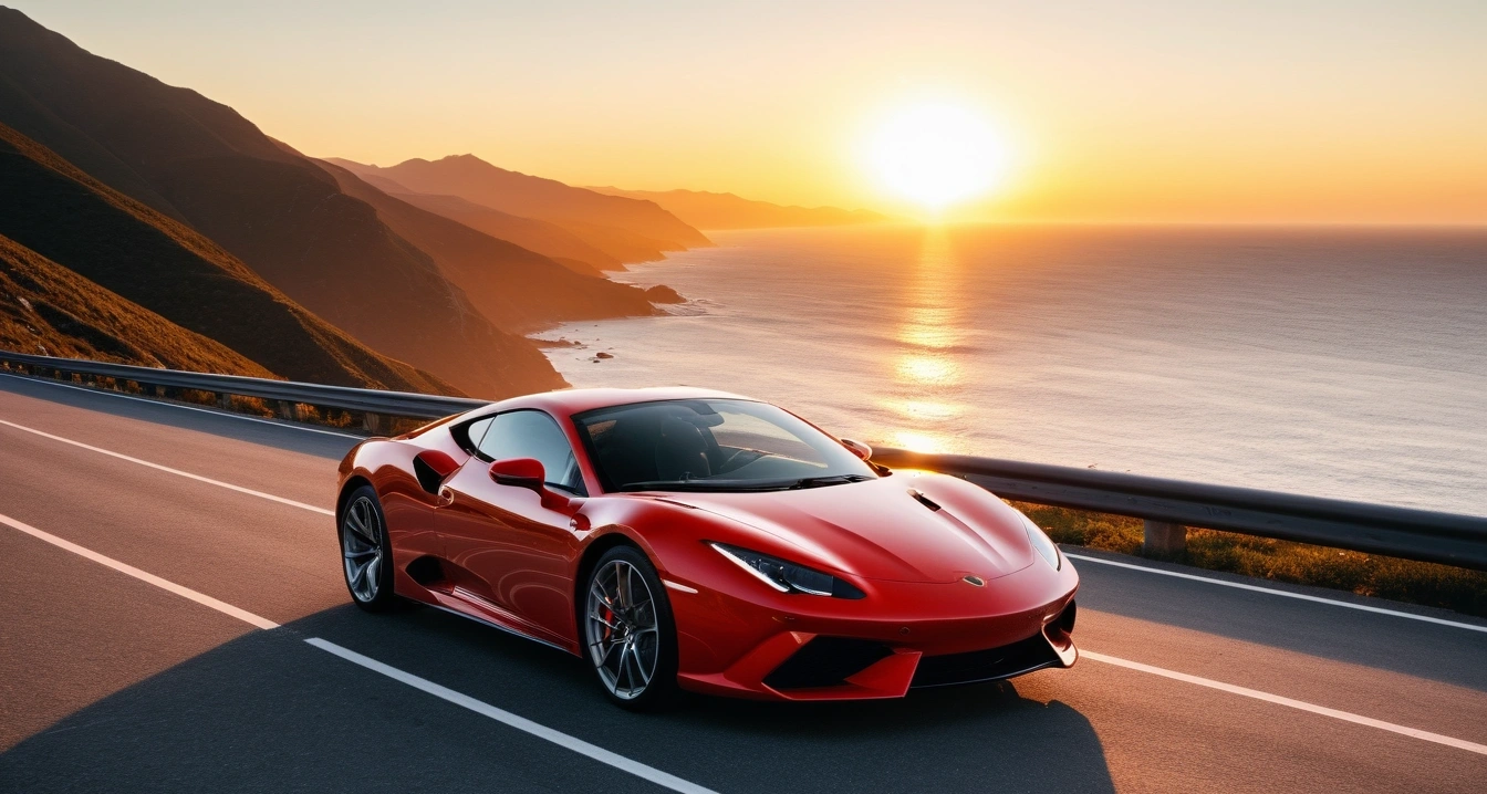 타이어<br>- 제휴카드와 멤버십을 활용한 타이어 구매 비용 절감 (a stylish sports car parked on a scenic coastal highway overlook at sunset, cinematic lighting, realistic, no people)