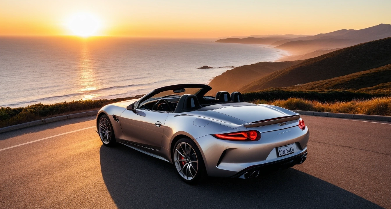 침수차<br>- 중고차 매매 사기 피해를 줄이는 침수 이력 확인 절차와 방법 (a stylish sports car parked on a scenic coastal highway overlook at sunset, cinematic lighting, realistic, no people)
