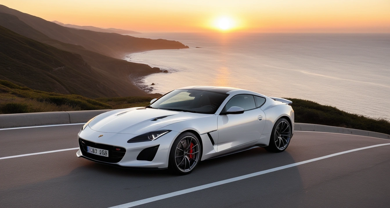 중고차<br>- 인증 중고차 시스템 활용을 통한 안전 거래 (a stylish sports car parked on a scenic coastal highway overlook at sunset, cinematic lighting, realistic, no people)