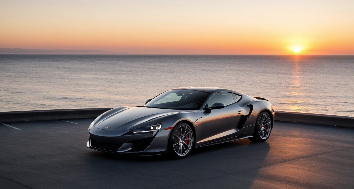 중고차<br>- 중고차 매매 계약서 내 특약 사항 명시 전략 (a stylish sports car parked on a scenic coastal highway overlook at sunset, cinematic lighting, realistic, no people)