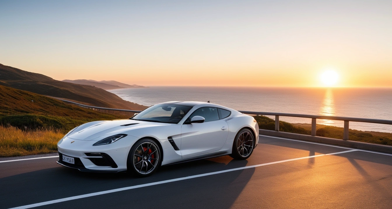 운전면허<br>- 주차장에서 흔히 범하는 치명적 실수 (a stylish sports car parked on a scenic coastal highway overlook at sunset, cinematic lighting, realistic, no people)