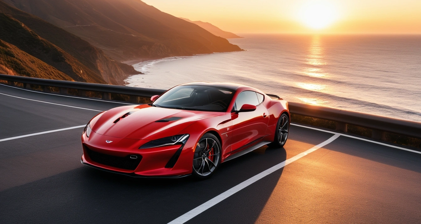 중고차<br>- 중고차 거래 현장에서의 추가 비용 방어 기제 (a stylish sports car parked on a scenic coastal highway overlook at sunset, cinematic lighting, realistic, no people)