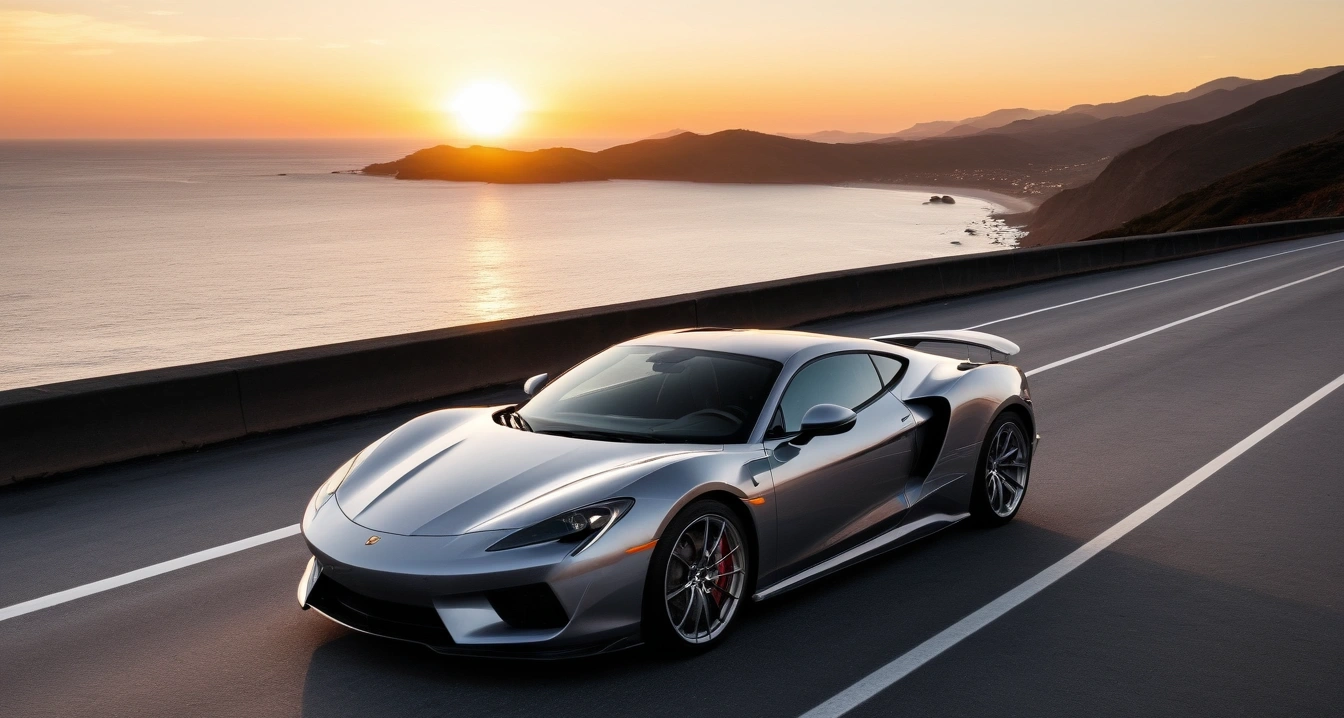 차량 관리<br>- 차량 관리 비용 절감을 위한 스마트한 소모품 교체 황금비율 (a stylish sports car parked on a scenic coastal highway overlook at sunset, cinematic lighting, realistic, no people)