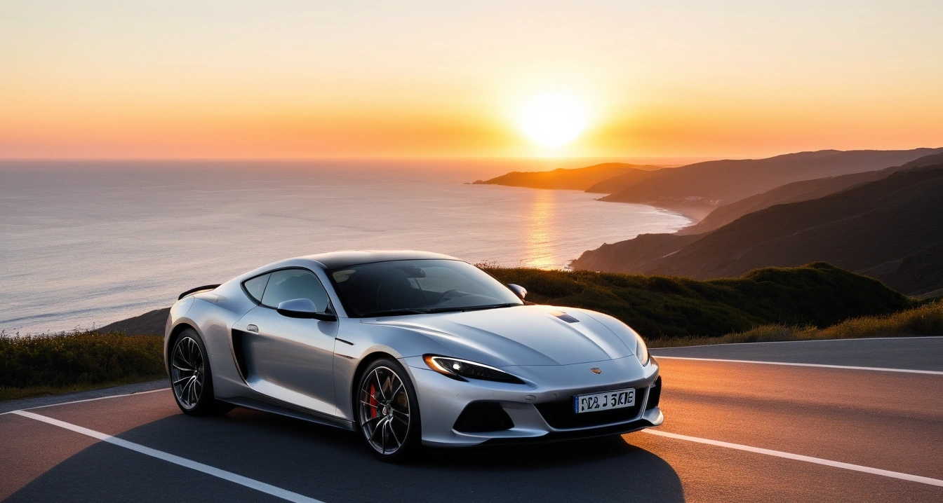 교통사고<br>- 교통사고 이후 심리적 안정 및 보상 처리 프로세스 정리 (a stylish sports car parked on a scenic coastal highway overlook at sunset, cinematic lighting, realistic, no people)