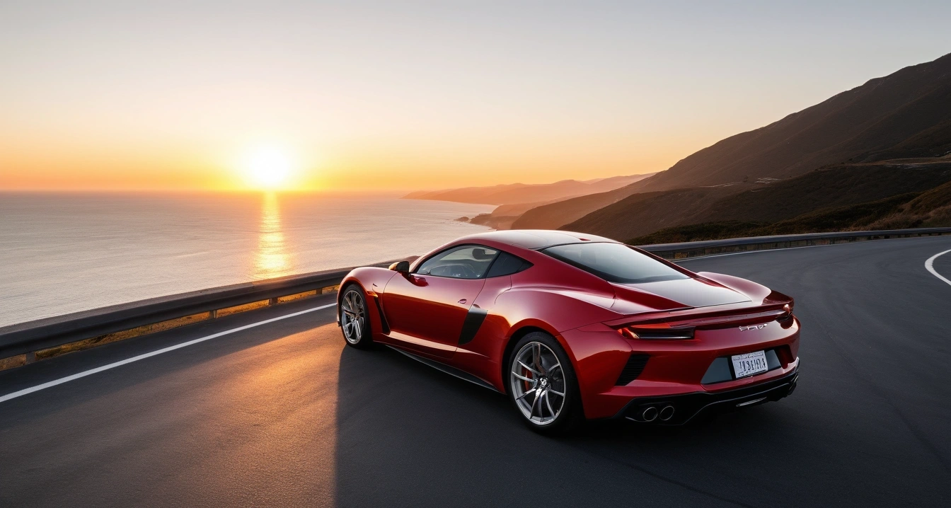 신차<br>- 신차 계약부터 차량 인도까지의 프로세스 최적화 (a stylish sports car parked on a scenic coastal highway overlook at sunset, cinematic lighting, realistic, no people)