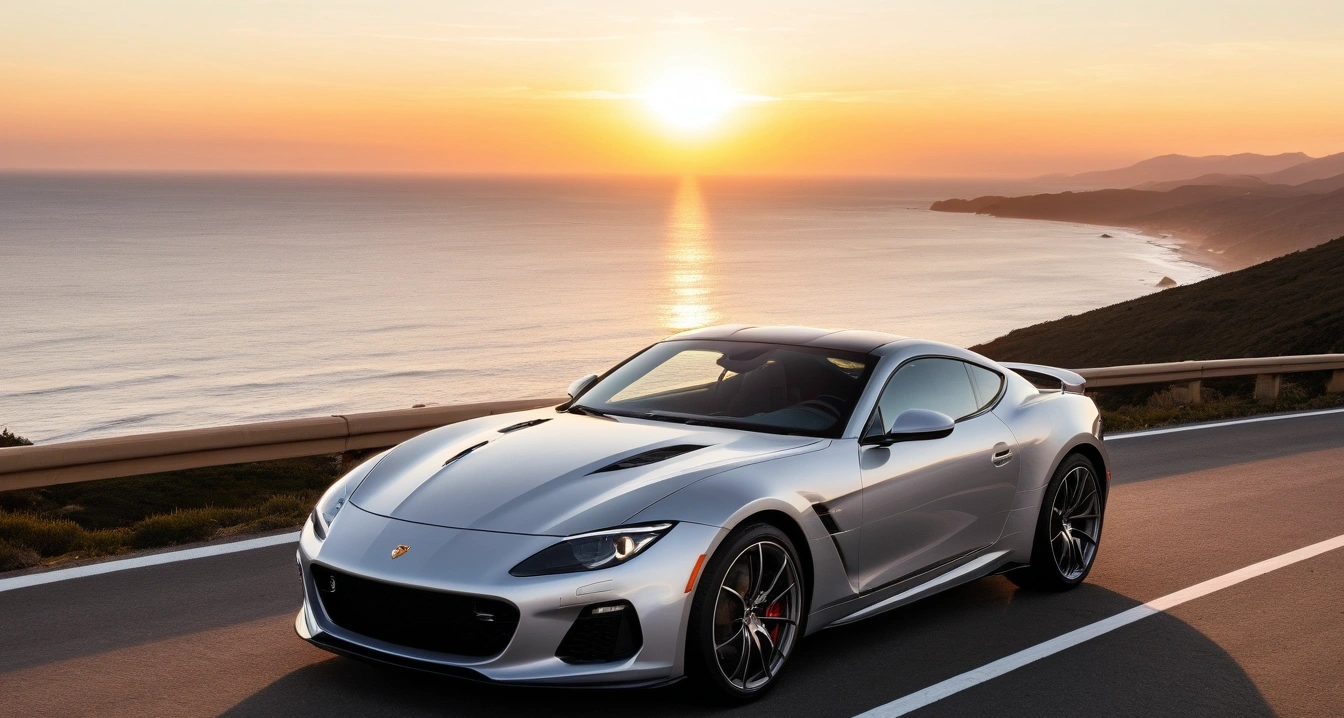 하이브리드 배터리<br>- 겨울 대비 하이브리드 배터리 장기 보호 관리 솔루션 (a stylish sports car parked on a scenic coastal highway overlook at sunset, cinematic lighting, realistic, no people)