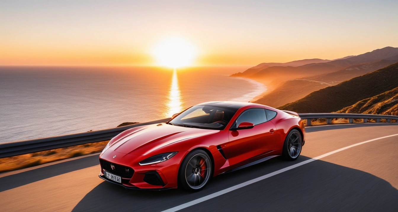외제차<br>- 고가의 외제차 수리비를 낮추는 다이렉트 보험과 보증 연장 프로그램 (a stylish sports car parked on a scenic coastal highway overlook at sunset, cinematic lighting, realistic, no people)