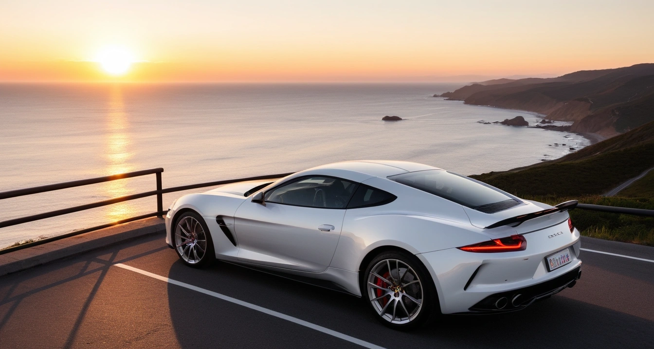 안드로이드 오토<br>- 차량 통신 데이터 불일치와 하드웨어 수명 단축 가능성 (a stylish sports car parked on a scenic coastal highway overlook at sunset, cinematic lighting, realistic, no people)