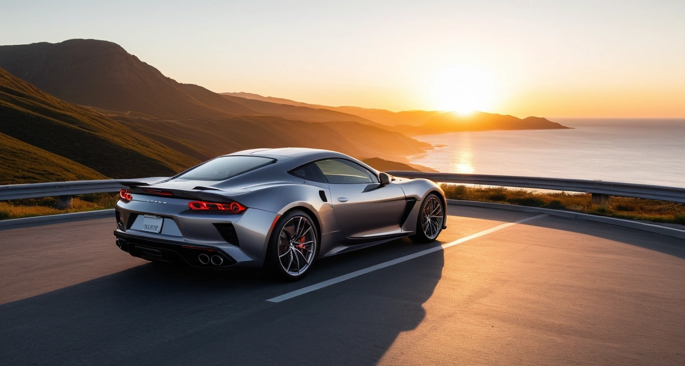 안드로이드 오토<br>- 바쁜 직장인을 위한 스마트폰 자동화 루틴 설정 (a stylish sports car parked on a scenic coastal highway overlook at sunset, cinematic lighting, realistic, no people)